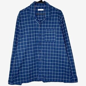 Lake Pajamas Mens Top Large Blue Windowpane Cotton Flannel Collared Long Sleeve